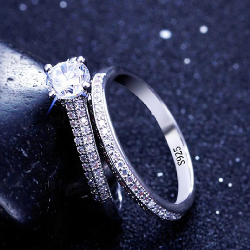 Vintage Halo Zirconia Sterling Silver Ring Set